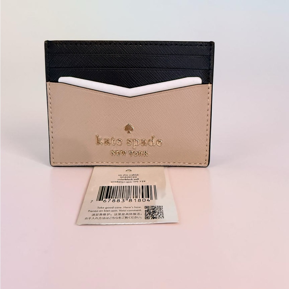 Kate Spade New York Slim Card Holder Black Beige Colorblock Leather NEW With Tag